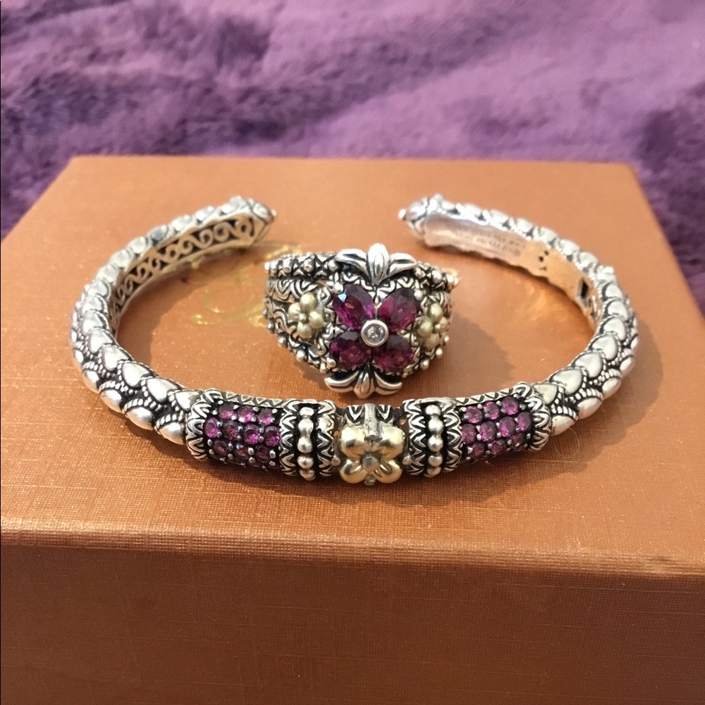 Estate Barbra Bixby 925 & 18K Brazilian Lotus Petal  Garnet Hinged Cuff Bracelet